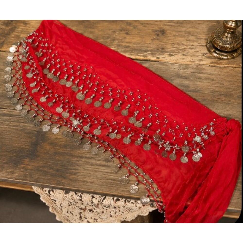 Red Belly Dance Hip Scarf Coin Wrap Sheer Chiffon Silver Tone Coins Used - Picture 8 of 16